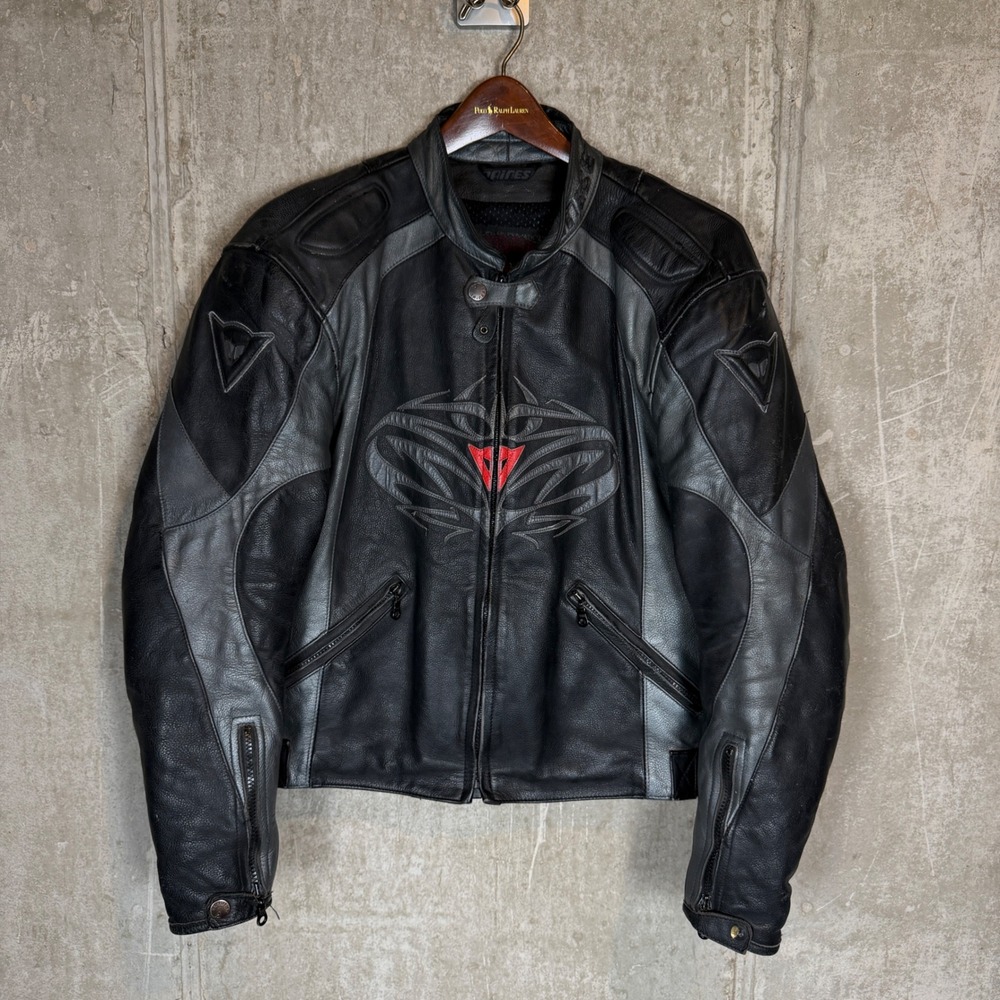 Dainese Leather Motorcycle Jacket Mens 42 Black Grey Armored Racing Biker tribal